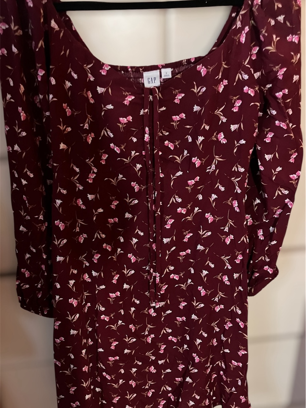 GAP Women's Burgundy Floral Long Sleeve Dress with Pink Accents